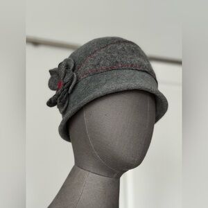 Gray Wool Cloche Hat Made in Italy Red Stitch Detail Flower Accent